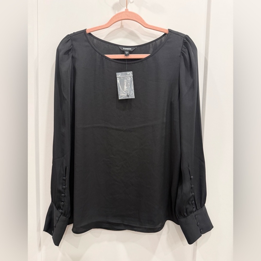 Express Black Long-Sleeve Puff Shoulder Blouse with Button Cuffs